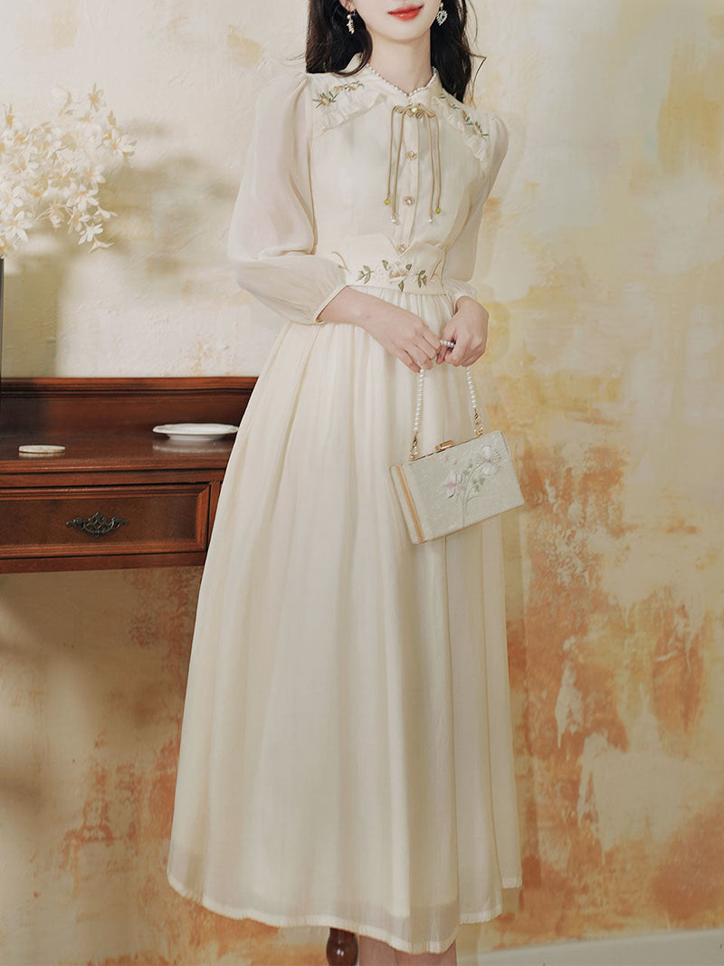 Apricot Embroidered Long Sleeve Vintage Dress with Belt