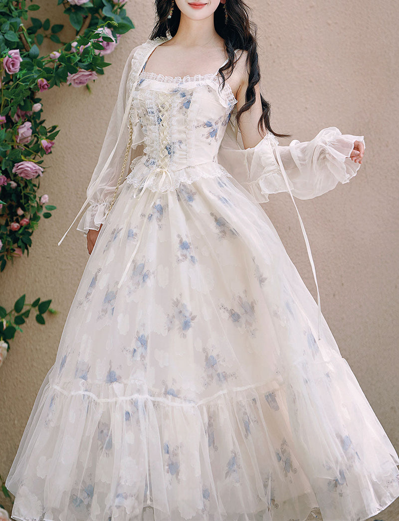 2PS White Floral Print Ruffles Spaghetti Strap Princess Dress With White Shawl Dress Suit