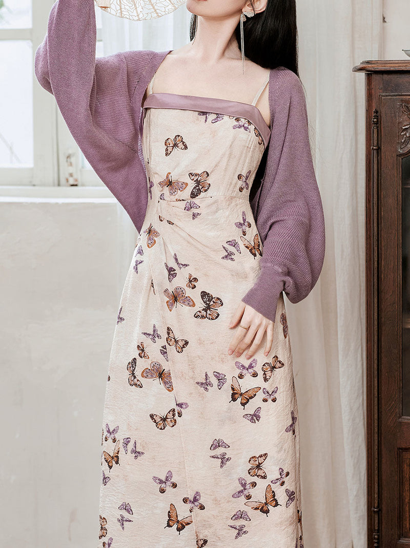 2PS Purple Butterfly Print Spaghetti Strap Dress With Shawl Dress Suit