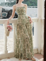 Green Bohemian Floral Print Chiffon Maxi Dress Prom Dress With Cardigan