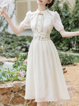 Apricot Embroidered Short Sleeve Vintage Dress with Belt