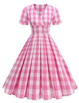 Black V Neck Plaid Audrey Hepburn Style Cocktail Swing Dress