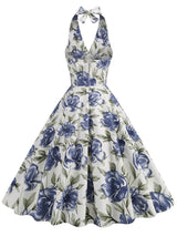 Floral Blue Bow Halter Backless 1950S Vintage Swing Dress