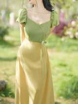 Yellow V Neck Puff Sleeve 1950S Vintage Dress