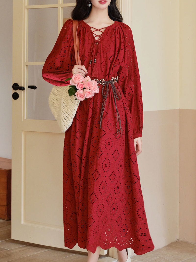 Red Embroidered Hollow Long Sleeve Tassel Holiday Bohemian Dress