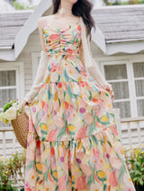 Rainbow Tulips Spaghetti Strap Vintage Swing Holiday Maxi Dress