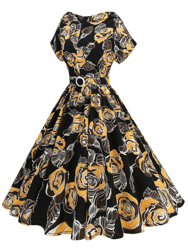 1950s Brown Rose Print Short Sleeve Vintage Swing Dress