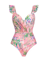 Pink Lace Ruffles Flowers One-piece Swimsuit With Bathing Suit Swing Skirt