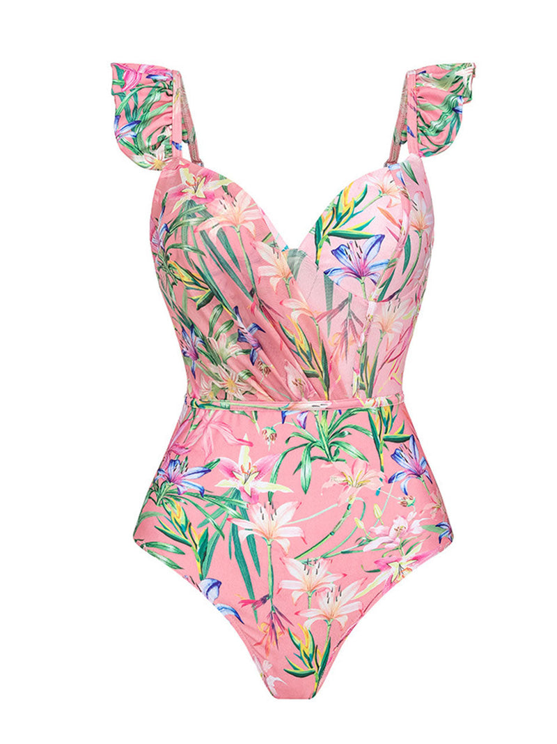 Pink Lace Ruffles Flowers One-piece Swimsuit With Bathing Suit Swing Skirt