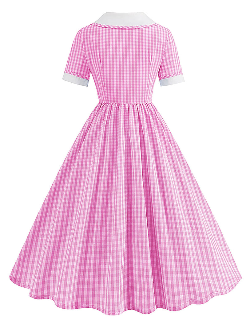 Pink Peter Pan Collar Plaid Short Sleeve 1950S Vintage Swing Dress