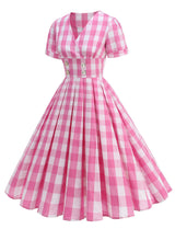 Black V Neck Plaid Audrey Hepburn Style Cocktail Swing Dress