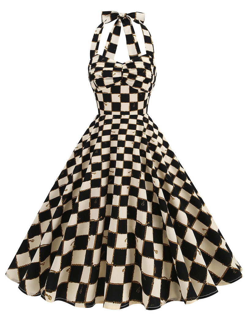 Black Checkerboard Print Halter Backless 1950S Vintage Swing Dress