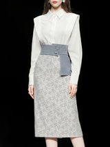 2PS White Vertical Stripes 1950S Vintage Classic Top And Blue Floral Print High Waist Skirt Suit With Belt