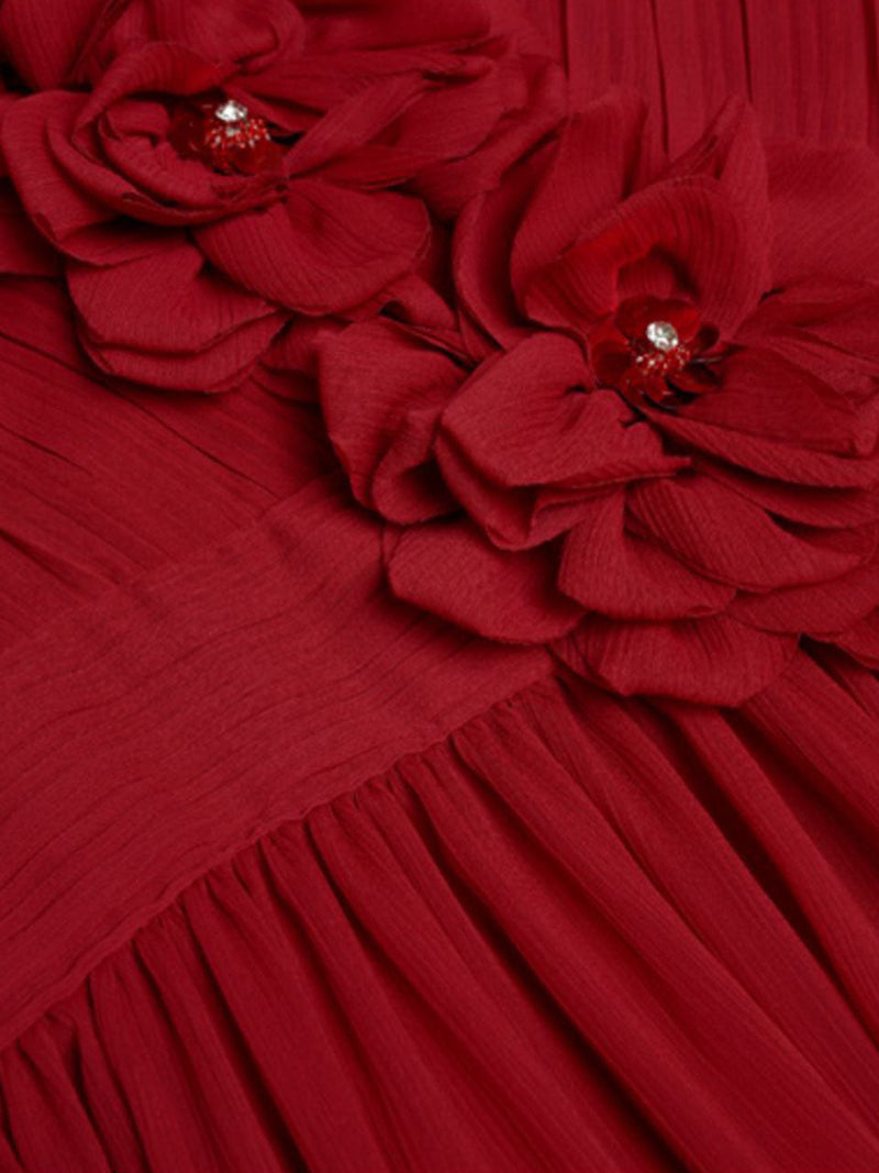 Red Lantern Flowers Long Sleeve Romantic Chiffon Dress