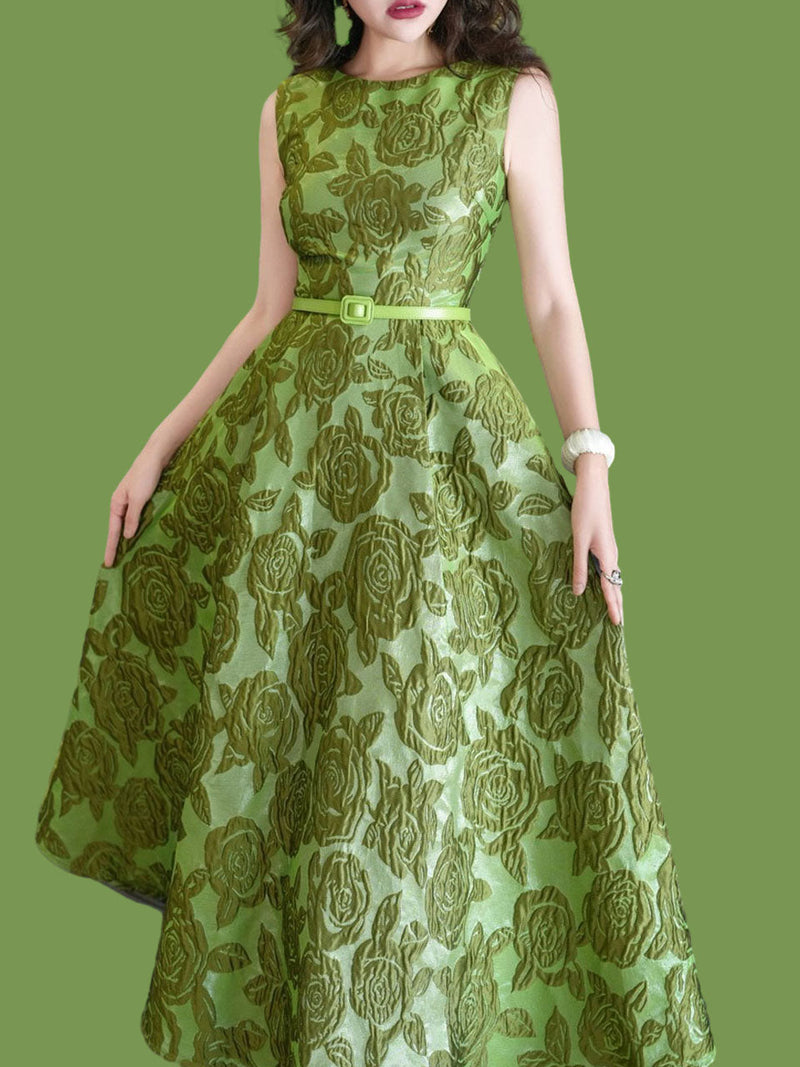 Green Luxury Rose High Waist Swing Vintage Dress With Pockets