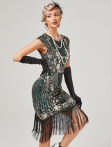 Crew Neck Sequined Beaded Cap Sleeve Tassels 1920S Gatsby Dress