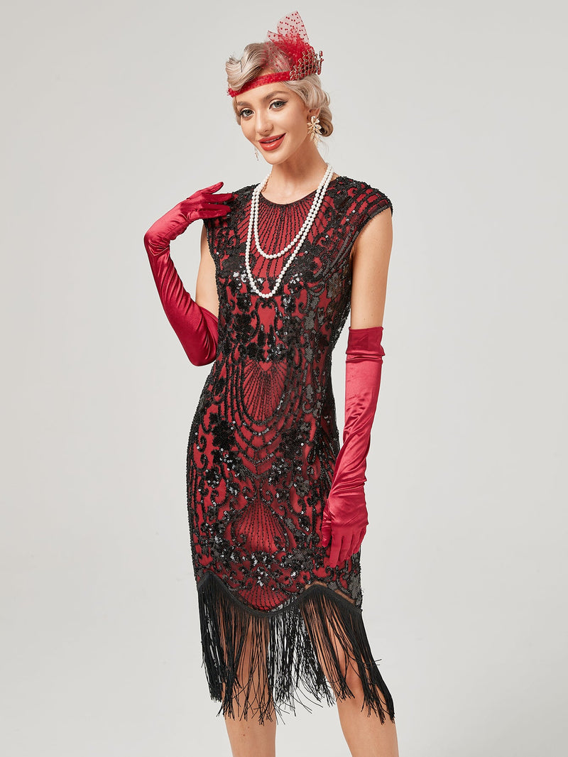 Crew Neck Sequined Beaded Cap Sleeve Tassels 1920S Gatsby Dress