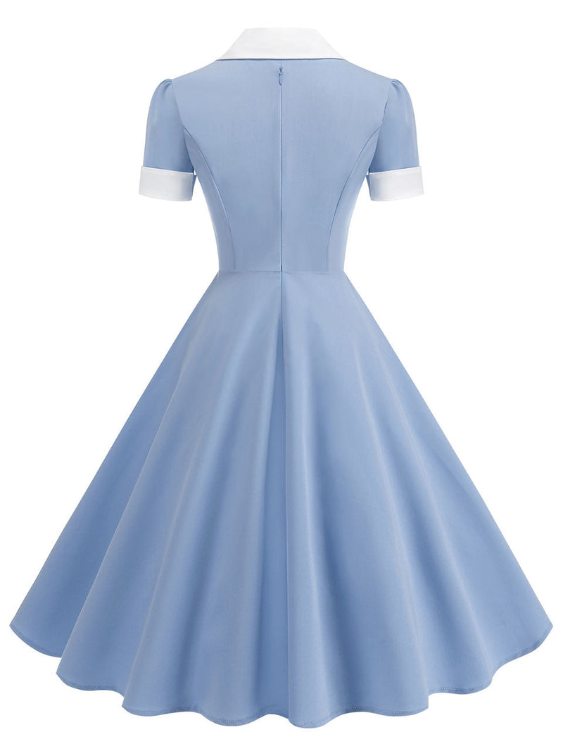 Blue V Neck Short Sleeve Swing Vintage 1950S Dress