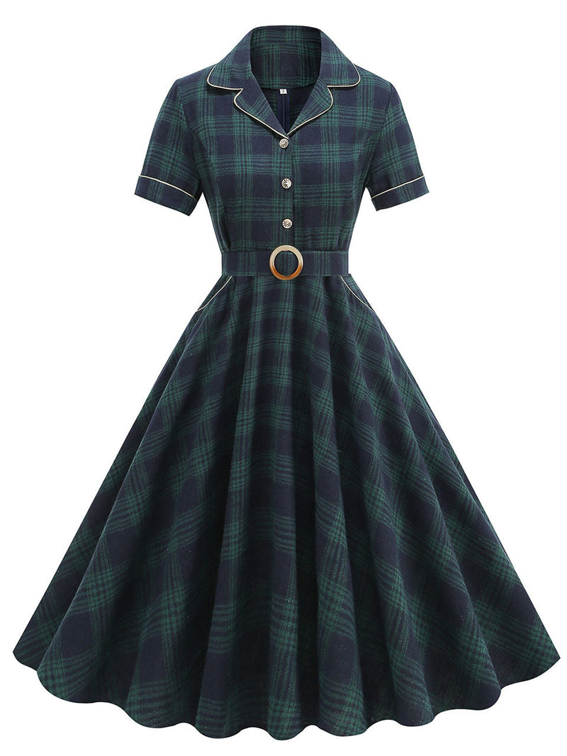 Green Plaid Turn Down Collar Short Sleeves 1950S VintageShirt Dress With Pockets