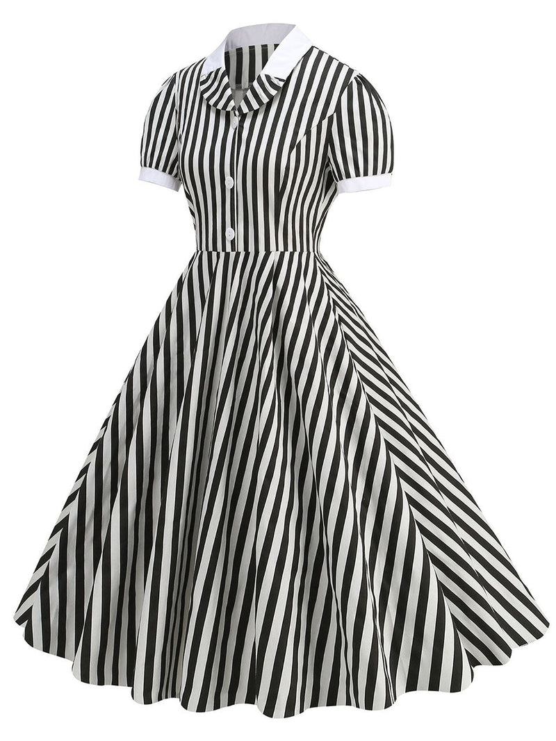 Beetlejuice Costume Short Sleeve Vintage Dress With Black and White Vertical Stripe