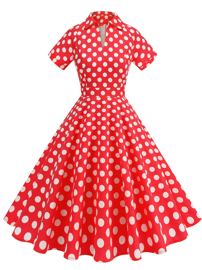 Red Polka Dots V Neck Short Sleeve Swing Vintage 1950S Dress