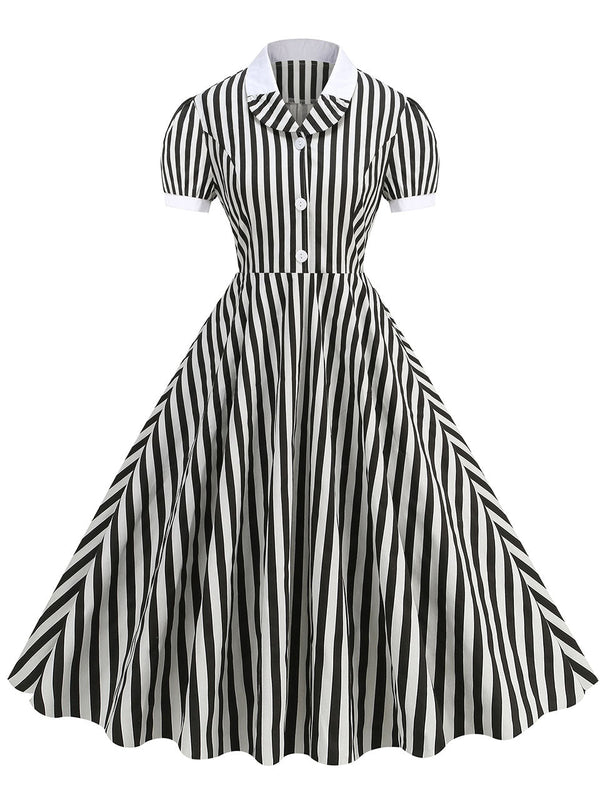 Beetlejuice Costume Short Sleeve Vintage Dress With Black and White Vertical Stripe