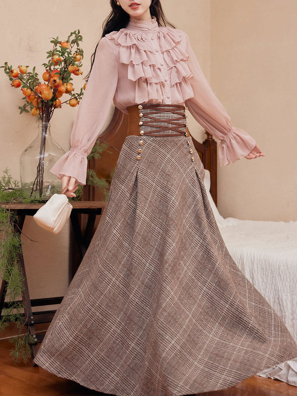 2PS Pink Ruffles Shirt and Plaid Brown Swing Skirt Suit Women Vintage Medieval Victorian Dress