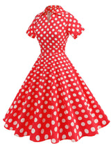 Red Polka Dots V Neck Short Sleeve Swing Vintage 1950S Dress