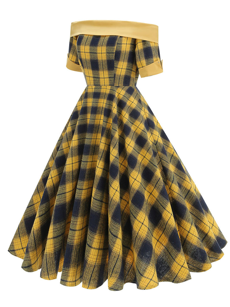 Off the Shoulder 1950s Plaid Vintage Swing Dress