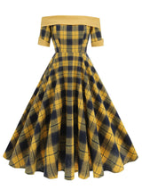 Off the Shoulder 1950s Plaid Vintage Swing Dress