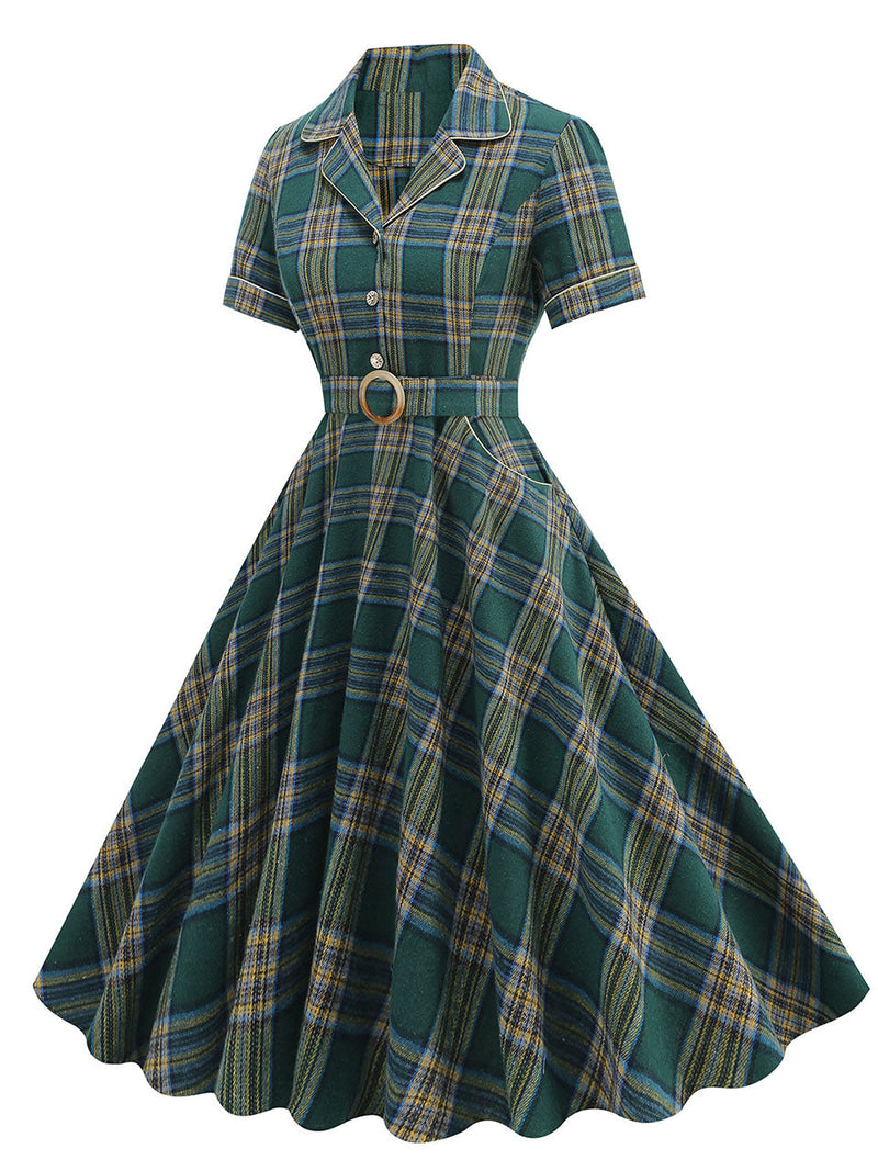 Green Plaid Turn Down Collar Short Sleeves 1950S VintageShirt Dress With Pockets