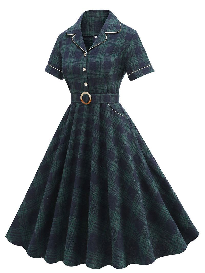 Green Plaid Turn Down Collar Short Sleeves 1950S VintageShirt Dress With Pockets