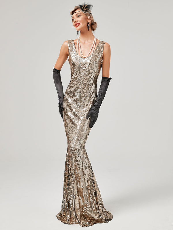 Gold 1920S Sequined Fringe Flapper Maxi Dress